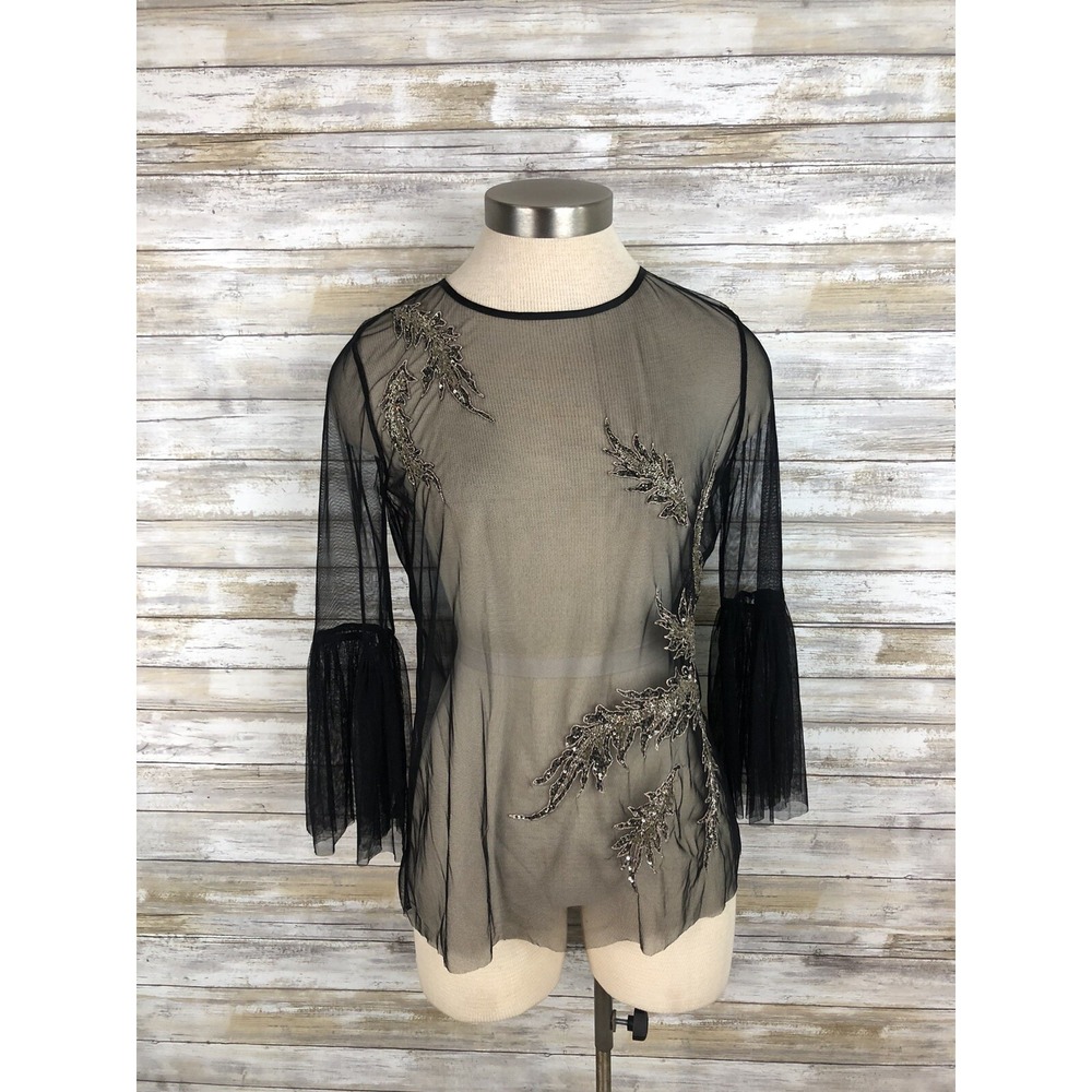 Elie Tahari Blouse Women's Embroidered-Tulle Sheer Sequin Adela XS NWT Holiday